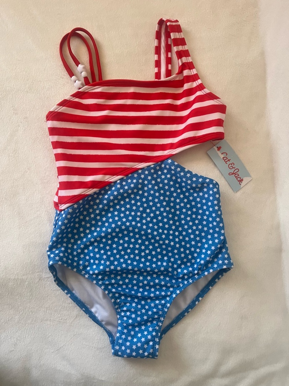Cat & Jack Red Stripe & Blue Star Girls One-Piece Swimsuit 6/7